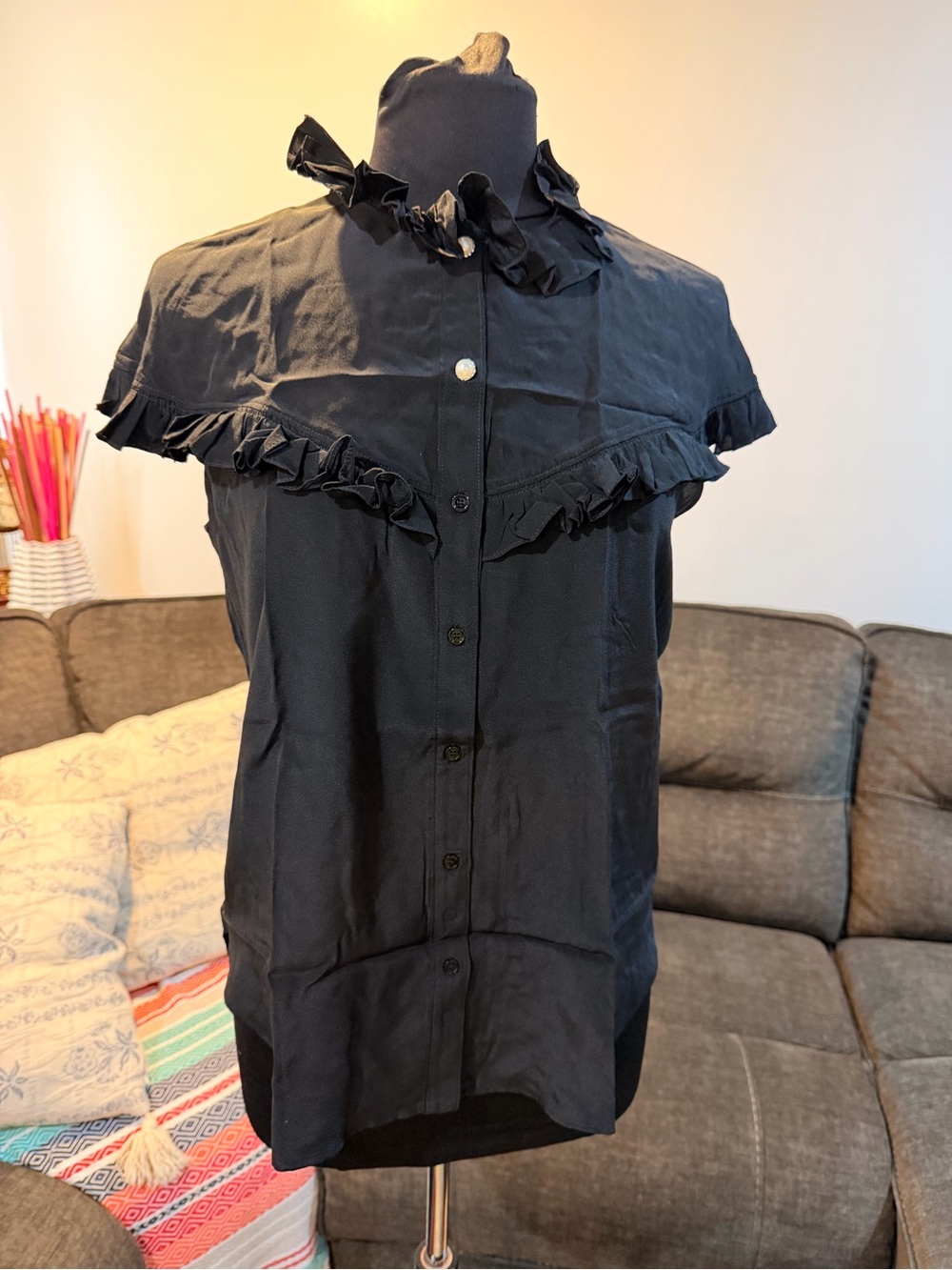 Sandro black blouse ruffle Top Size 2 in excellent condition